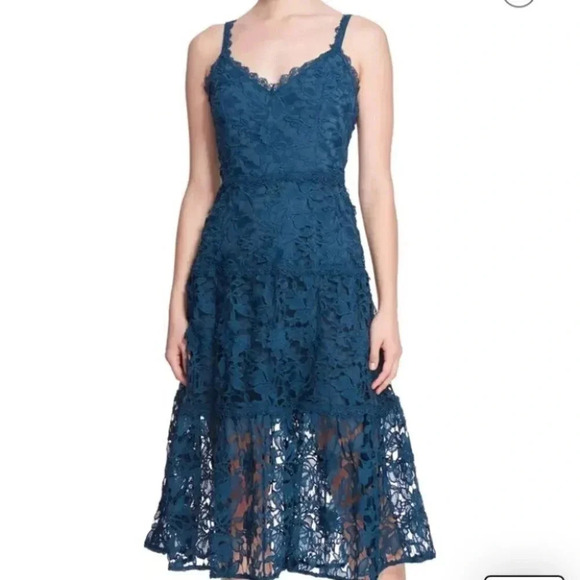 Marchesa Notte Floral Lace Dress 3d Guipure Midi in Jewel Tone Peak Size 6 - Picture 2 of 13